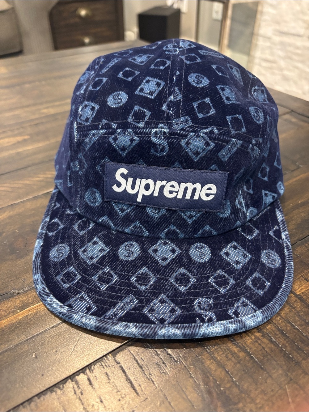 Supreme Navy Denim Corduroy Pattern Logo Camp Cap
